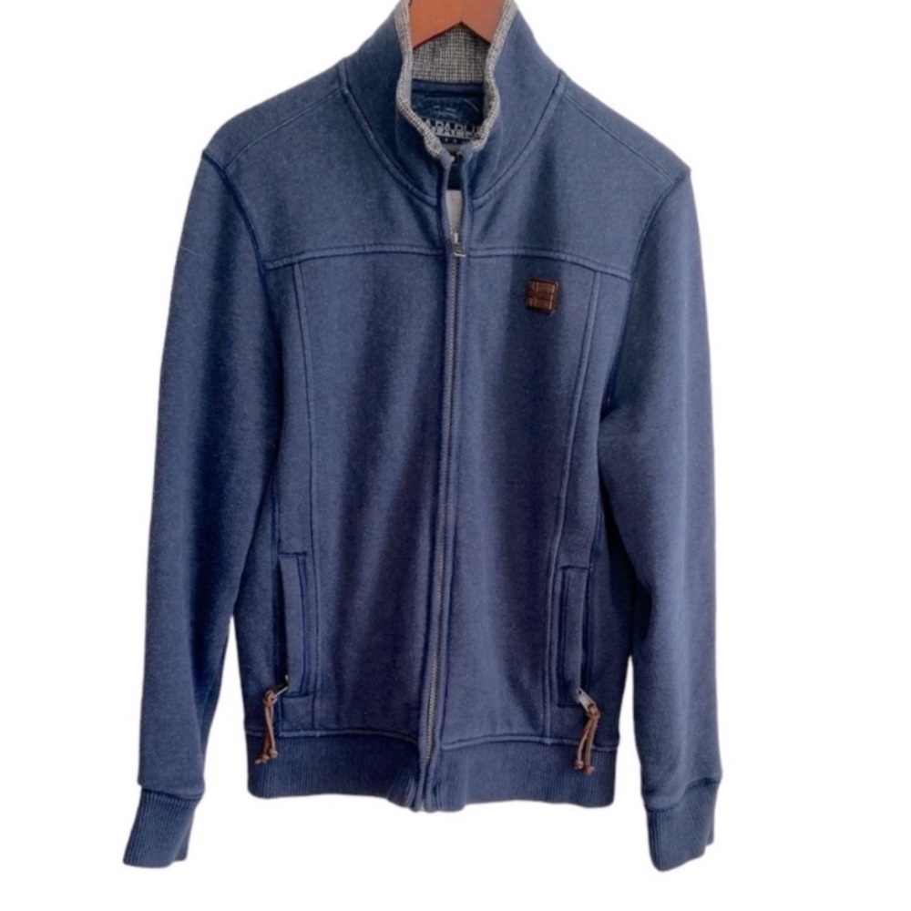 Napapijri blue jacket with leather zipper and leather logo. Size L